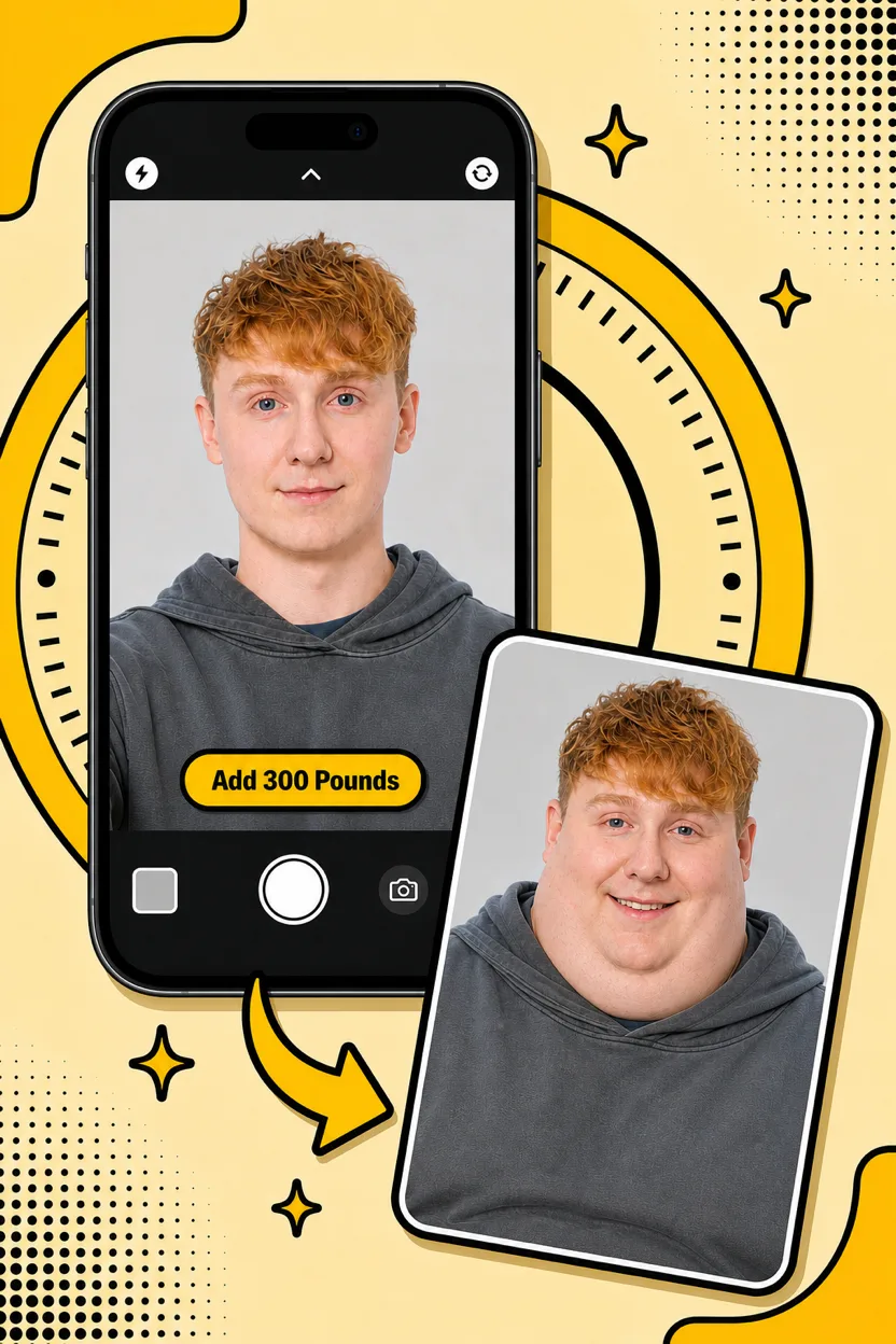 An iPhone camera pointed at a smiling man with an Add 300 Pounds filter selected, and the AI result beside it: the same man, comically 300 pounds heavier and grinning