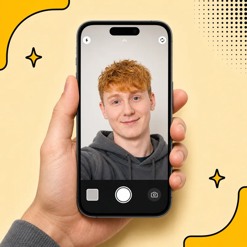A hand holding an iPhone taking a cheerful selfie in the MemeChef marketing style