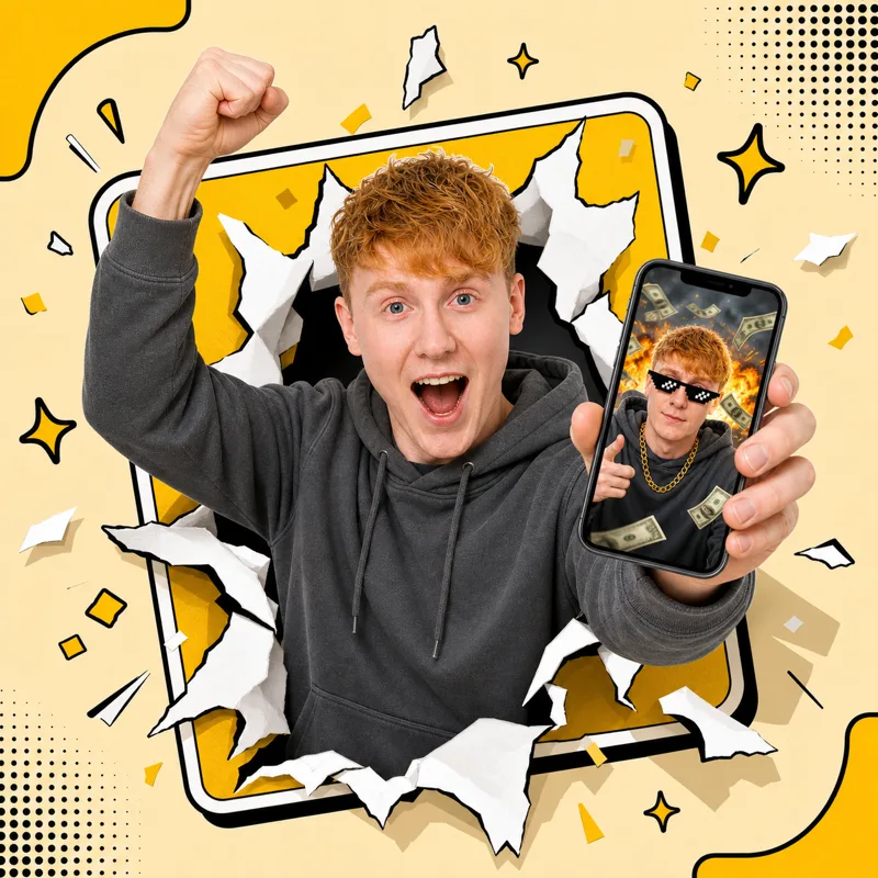 The same person bursting triumphantly through a finished meme card with confetti flying